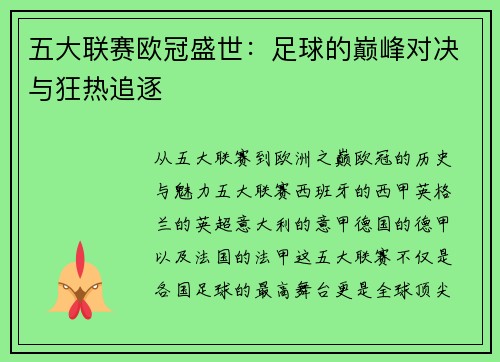 五大联赛欧冠盛世：足球的巅峰对决与狂热追逐