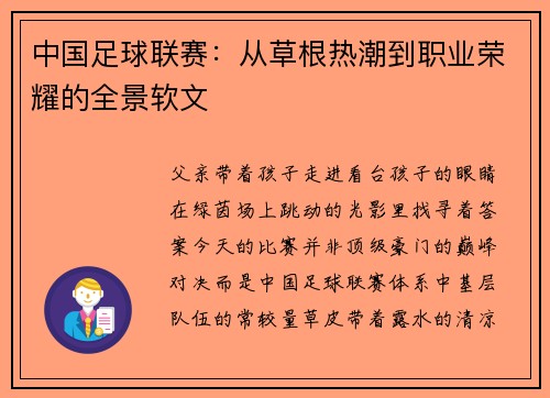 中国足球联赛：从草根热潮到职业荣耀的全景软文